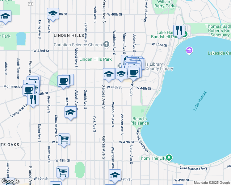 map of restaurants, bars, coffee shops, grocery stores, and more near 2900 West 44th Street in Minneapolis