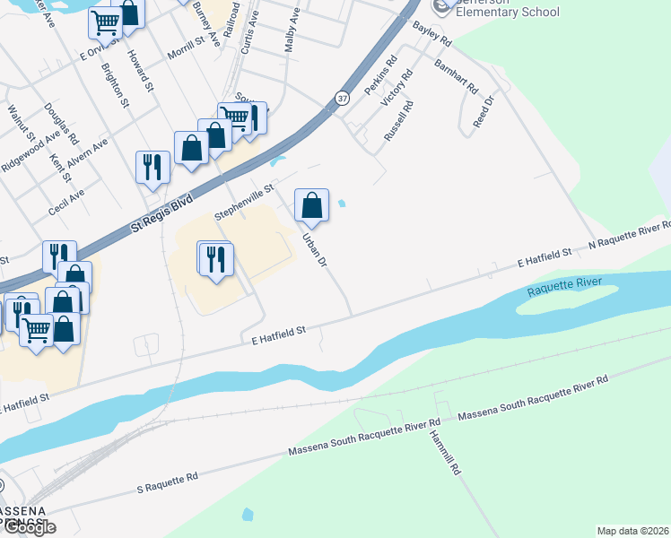 map of restaurants, bars, coffee shops, grocery stores, and more near 27 Urban Dr in Massena