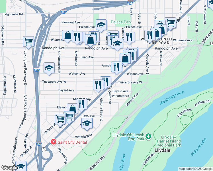map of restaurants, bars, coffee shops, grocery stores, and more near 829 Tuscarora Avenue West in Saint Paul