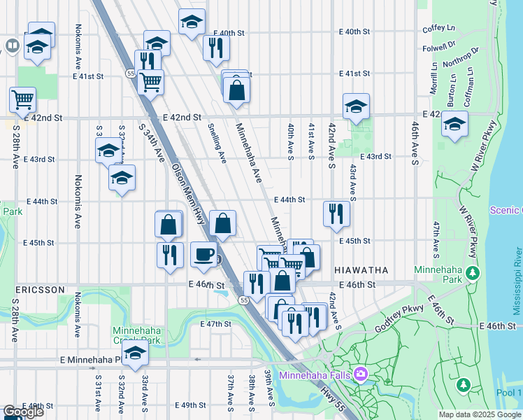 map of restaurants, bars, coffee shops, grocery stores, and more near 4356 Minnehaha Avenue in Minneapolis