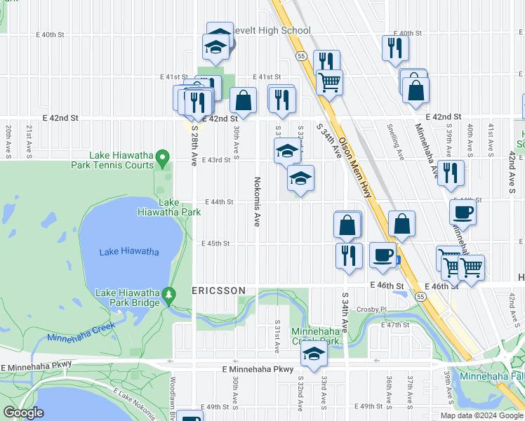 map of restaurants, bars, coffee shops, grocery stores, and more near 4353 Nokomis Avenue in Minneapolis