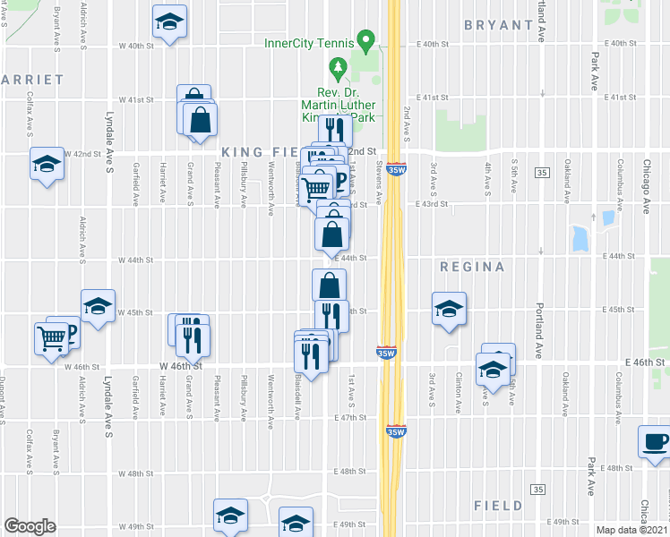 map of restaurants, bars, coffee shops, grocery stores, and more near 4355 Nicollet Avenue in Minneapolis