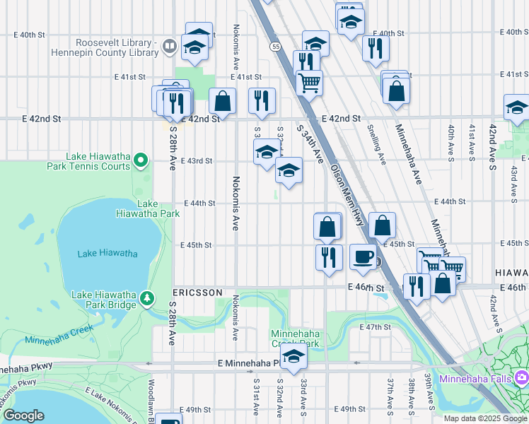 map of restaurants, bars, coffee shops, grocery stores, and more near 4401 East 44th Street in Minneapolis