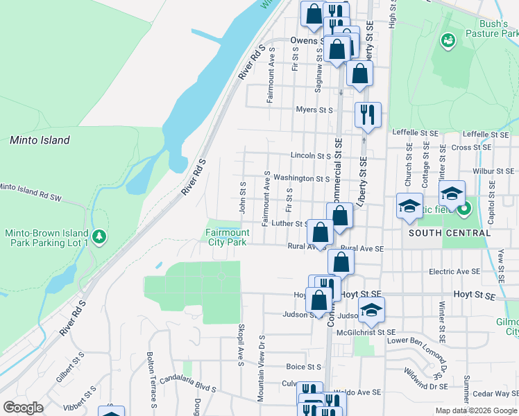 map of restaurants, bars, coffee shops, grocery stores, and more near 1825 Fairmount Avenue South in Salem