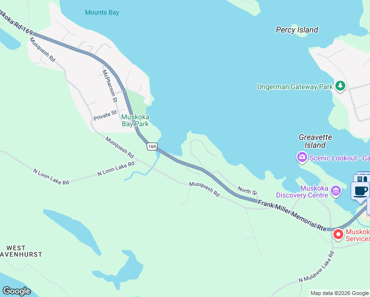 map of restaurants, bars, coffee shops, grocery stores, and more near 365 Loudon Point Road in Gravenhurst