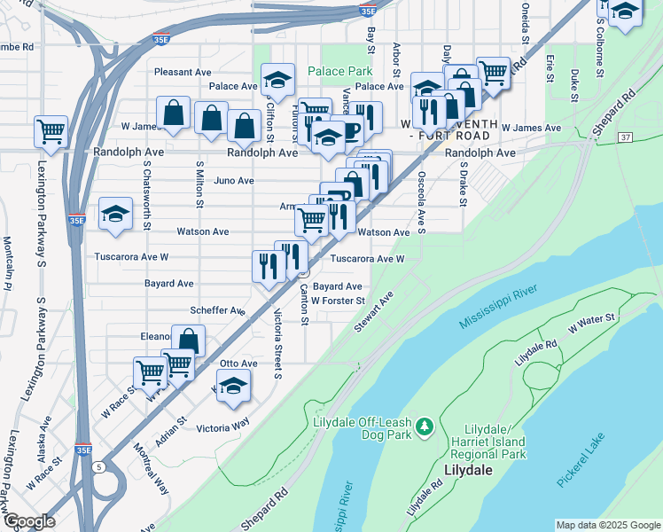 map of restaurants, bars, coffee shops, grocery stores, and more near 761 Tuscarora Avenue West in Saint Paul