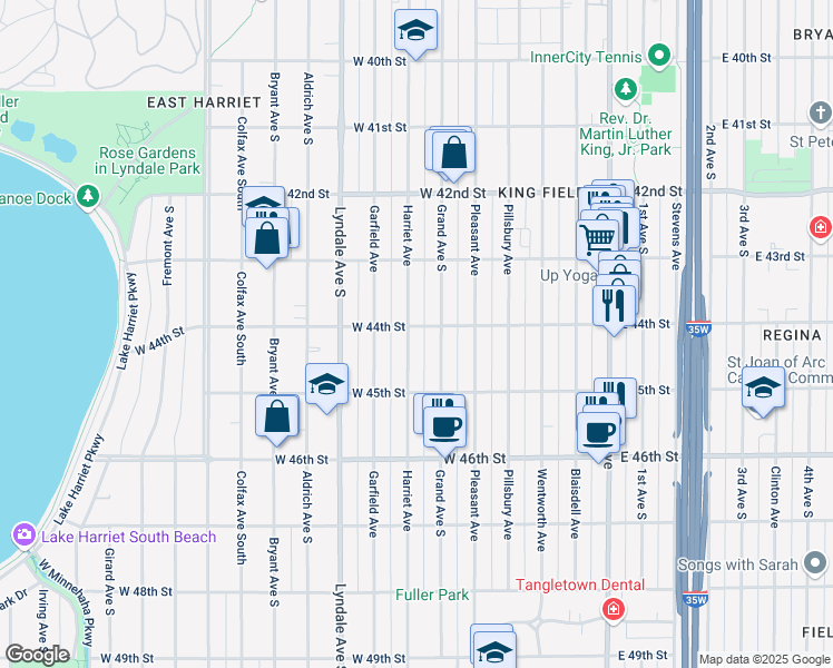 map of restaurants, bars, coffee shops, grocery stores, and more near 4350 Grand Avenue South in Minneapolis