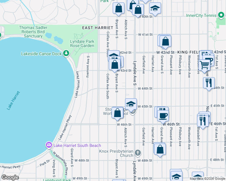 map of restaurants, bars, coffee shops, grocery stores, and more near 4344 Bryant Avenue South in Minneapolis