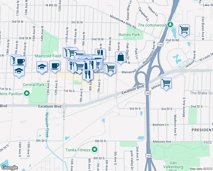 map of restaurants, bars, coffee shops, grocery stores, and more near 28 6th Avenue South in Hopkins