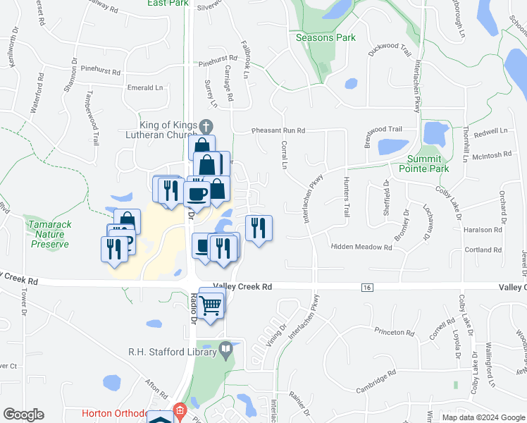 map of restaurants, bars, coffee shops, grocery stores, and more near 1825 Donegal Drive in Woodbury