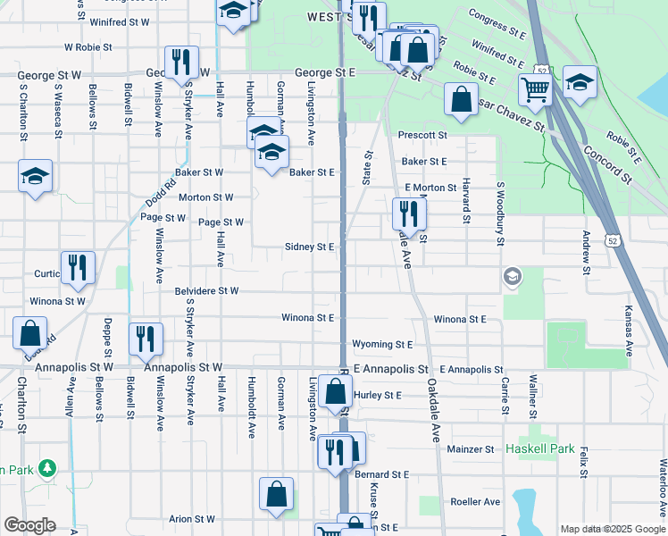 map of restaurants, bars, coffee shops, grocery stores, and more near 745 South Robert Street in Saint Paul