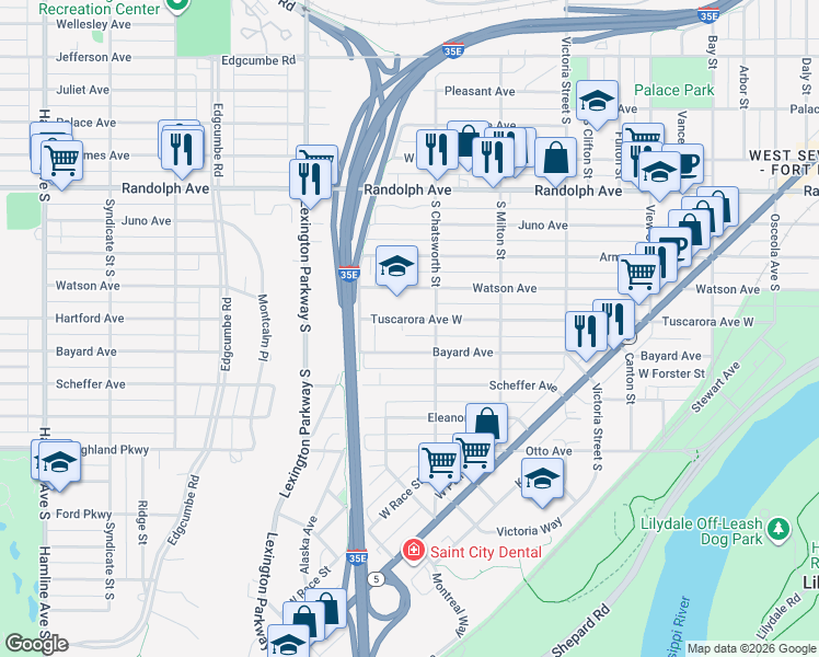 map of restaurants, bars, coffee shops, grocery stores, and more near 996 Tuscarora Avenue West in Saint Paul