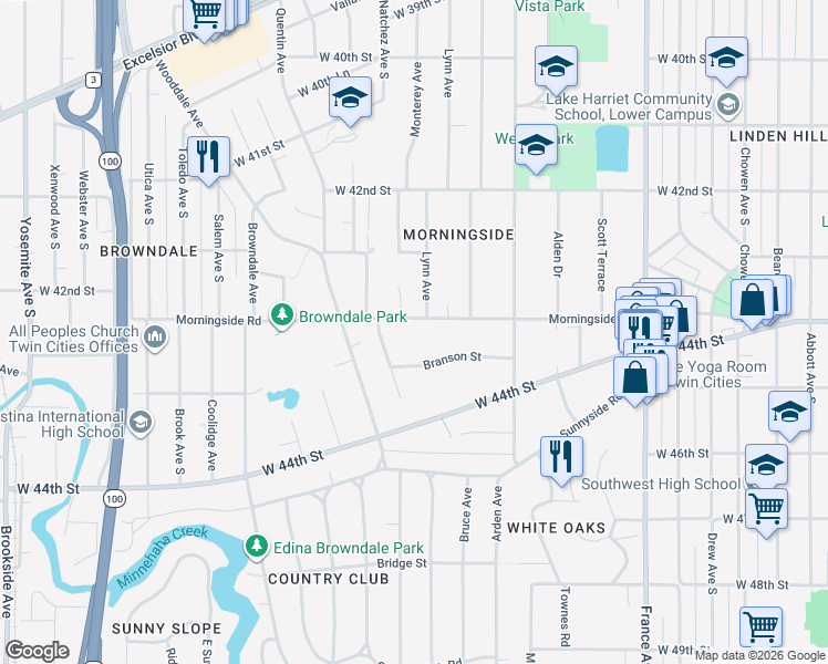map of restaurants, bars, coffee shops, grocery stores, and more near 4350 Morningside Road in Minneapolis
