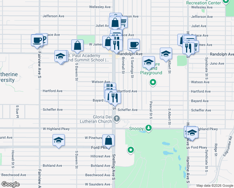 map of restaurants, bars, coffee shops, grocery stores, and more near 1573 Hartford Avenue in Saint Paul