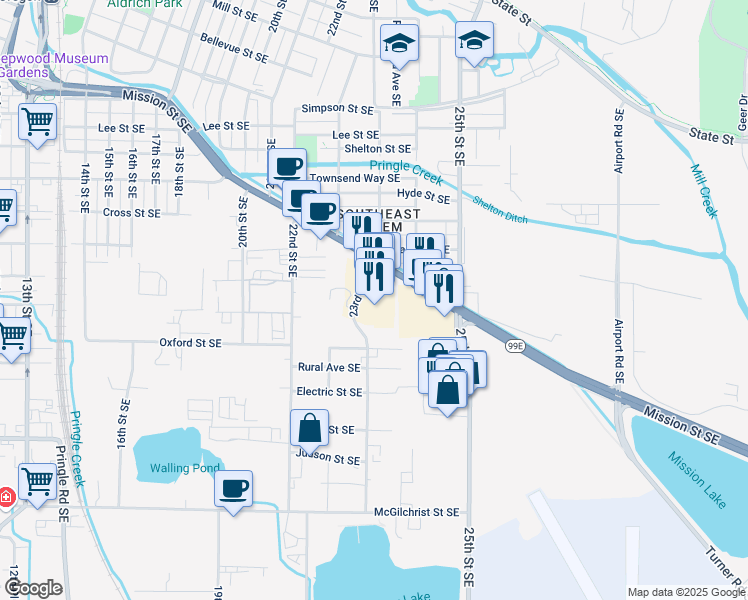 map of restaurants, bars, coffee shops, grocery stores, and more near 1253 23rd Street Southeast in Salem