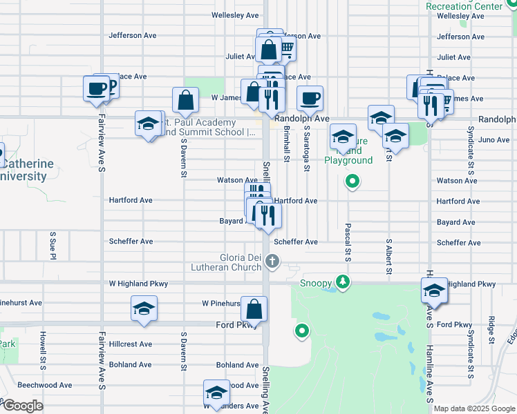 map of restaurants, bars, coffee shops, grocery stores, and more near 1601 Hartford Avenue in Saint Paul