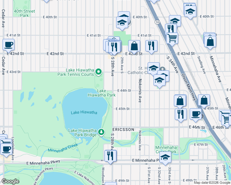 map of restaurants, bars, coffee shops, grocery stores, and more near 4352 South 28th Avenue in Minneapolis
