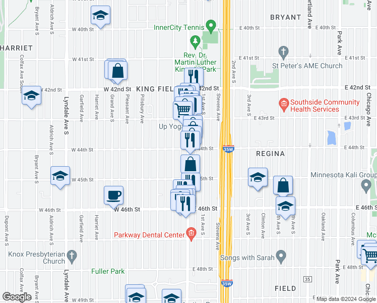 map of restaurants, bars, coffee shops, grocery stores, and more near 4355 Nicollet Avenue in Minneapolis
