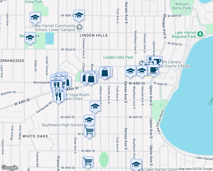 map of restaurants, bars, coffee shops, grocery stores, and more near 3322 West 44th Street in Minneapolis