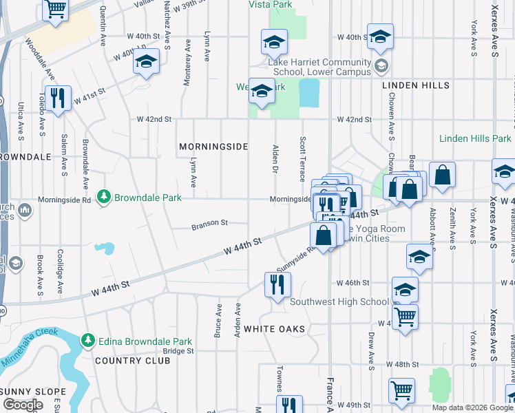 map of restaurants, bars, coffee shops, grocery stores, and more near 4248 Alden Drive in Minneapolis