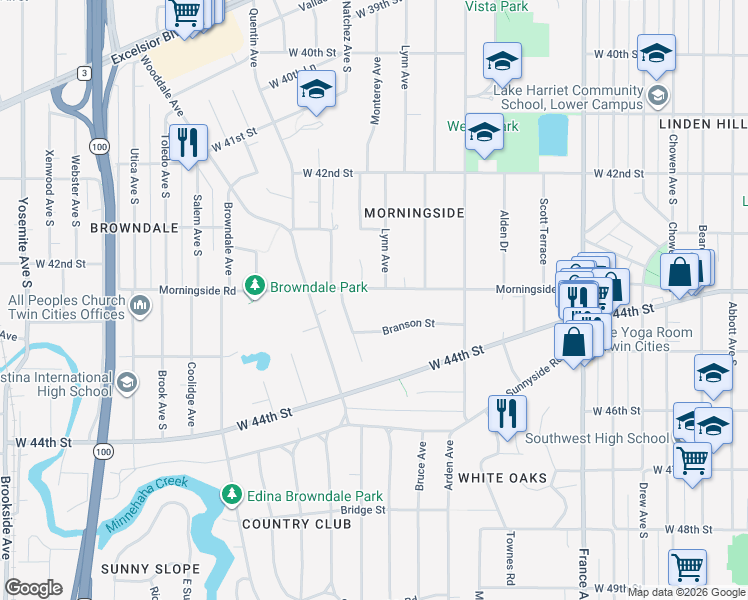 map of restaurants, bars, coffee shops, grocery stores, and more near 4350 Morningside Road in Minneapolis