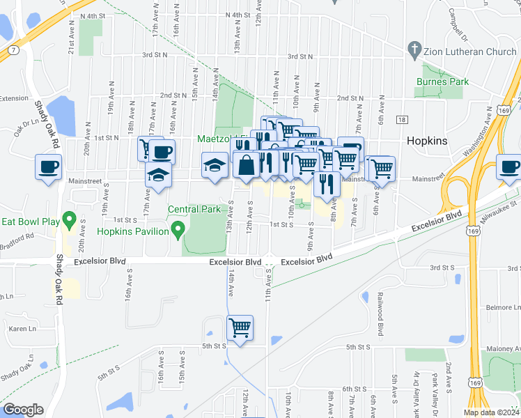 map of restaurants, bars, coffee shops, grocery stores, and more near 26 10th Avenue South in Hopkins