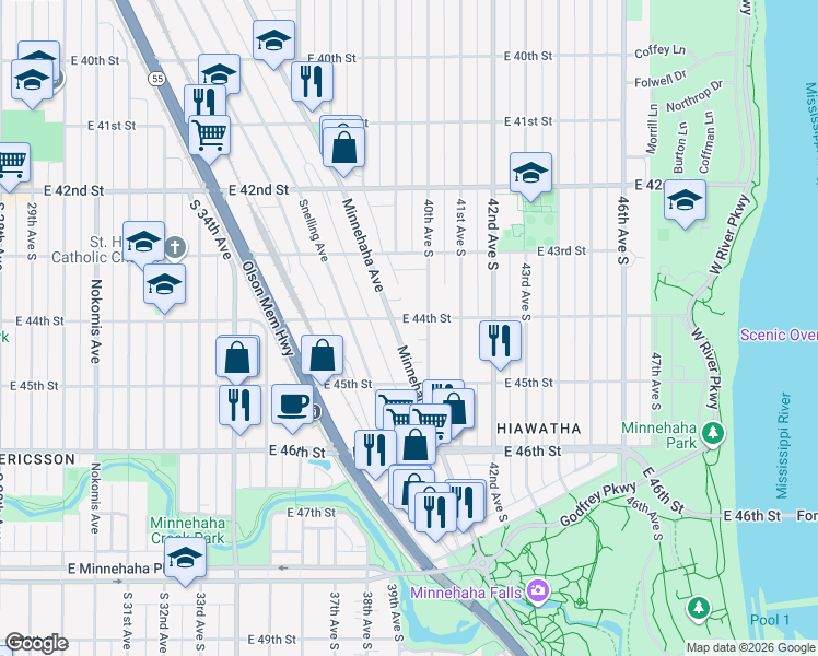 map of restaurants, bars, coffee shops, grocery stores, and more near 3924 East 44th Street in Minneapolis