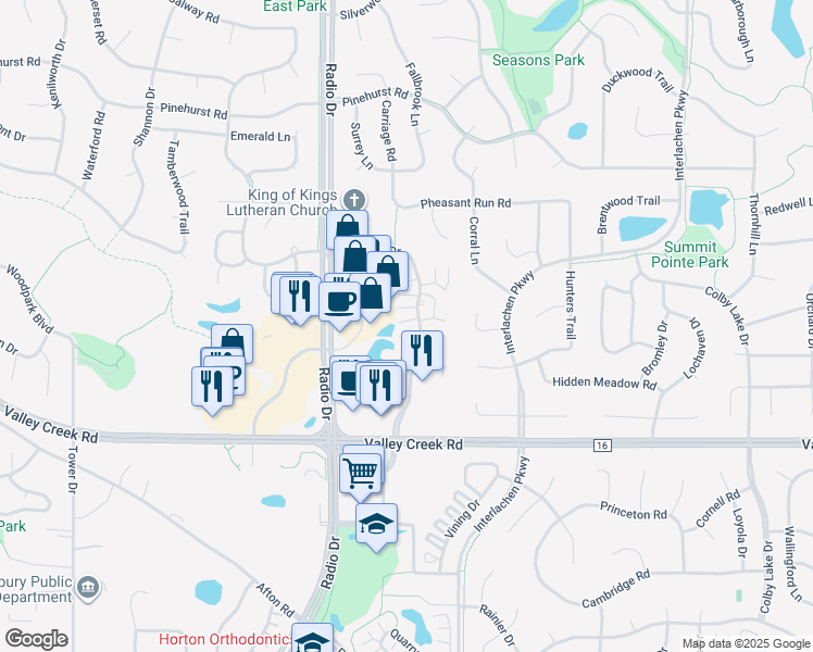 map of restaurants, bars, coffee shops, grocery stores, and more near 1830 Donegal Drive in Woodbury