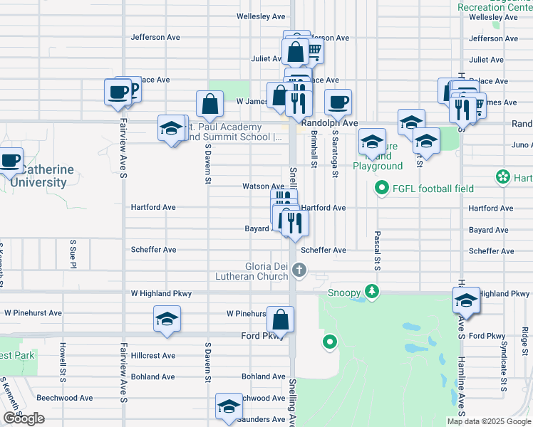 map of restaurants, bars, coffee shops, grocery stores, and more near 1601 Hartford Avenue in Saint Paul