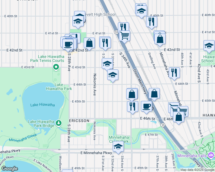 map of restaurants, bars, coffee shops, grocery stores, and more near 4401 East 44th Street in Minneapolis