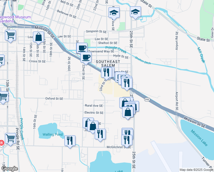map of restaurants, bars, coffee shops, grocery stores, and more near 1252 23rd Street Southeast in Salem