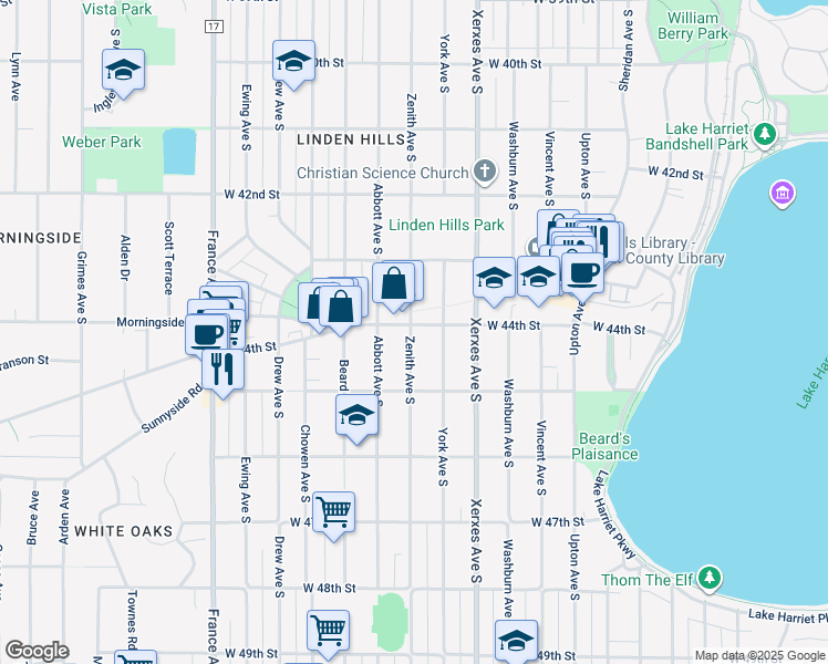 map of restaurants, bars, coffee shops, grocery stores, and more near 3225 West 44th Street in Minneapolis