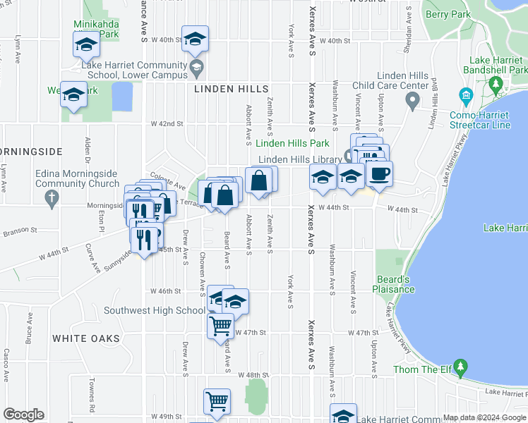 map of restaurants, bars, coffee shops, grocery stores, and more near 3322 West 44th Street in Minneapolis