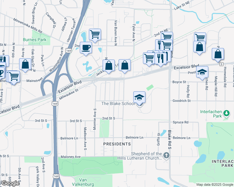 map of restaurants, bars, coffee shops, grocery stores, and more near 33 Van Buren Avenue South in Hopkins