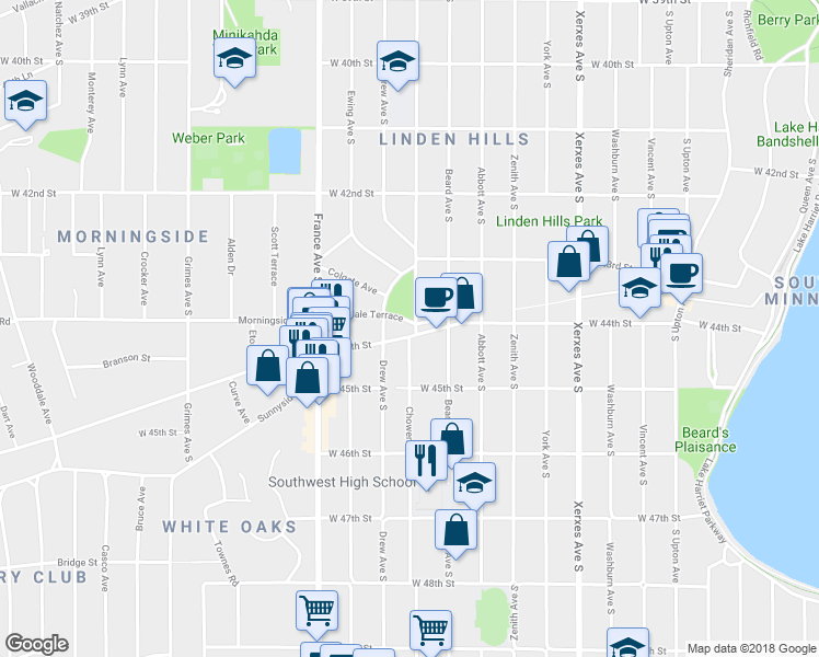 map of restaurants, bars, coffee shops, grocery stores, and more near 4354 Chowen Avenue South in Minneapolis