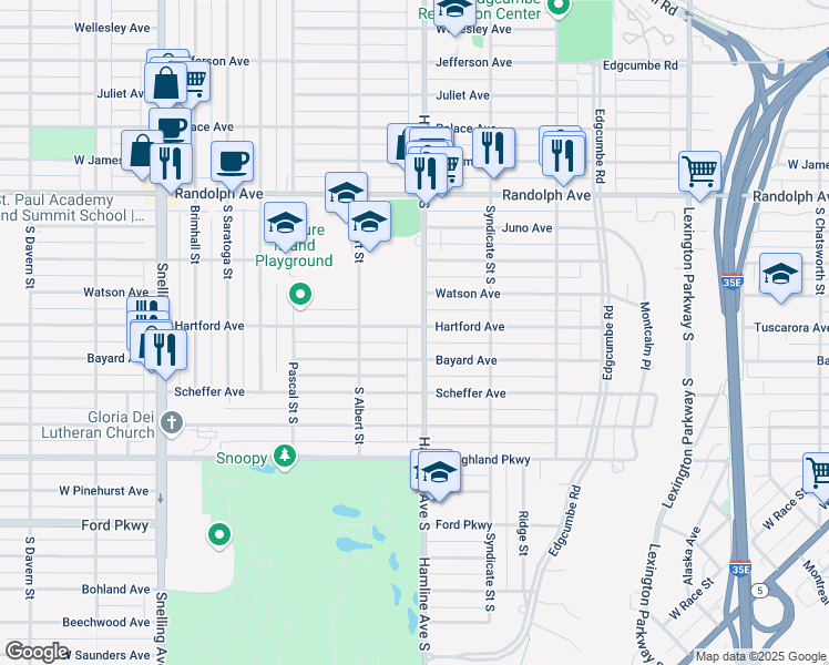 map of restaurants, bars, coffee shops, grocery stores, and more near 603 Hamline Avenue South in Saint Paul