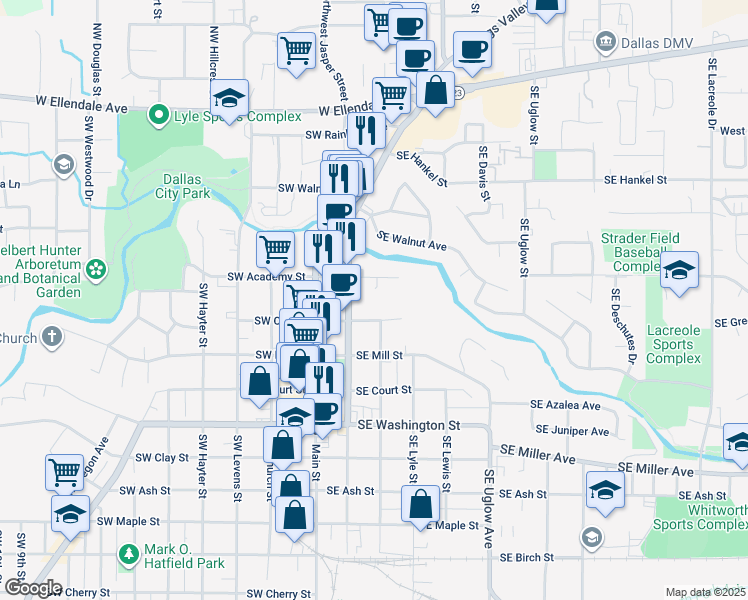 map of restaurants, bars, coffee shops, grocery stores, and more near 265 Southeast Academy Street in Dallas