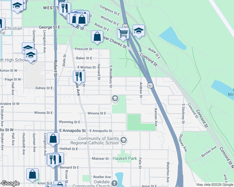 map of restaurants, bars, coffee shops, grocery stores, and more near 321 Curtice Street East in Saint Paul