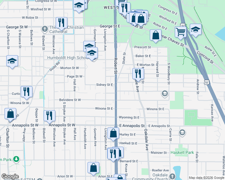 map of restaurants, bars, coffee shops, grocery stores, and more near 745 South Robert Street in Saint Paul