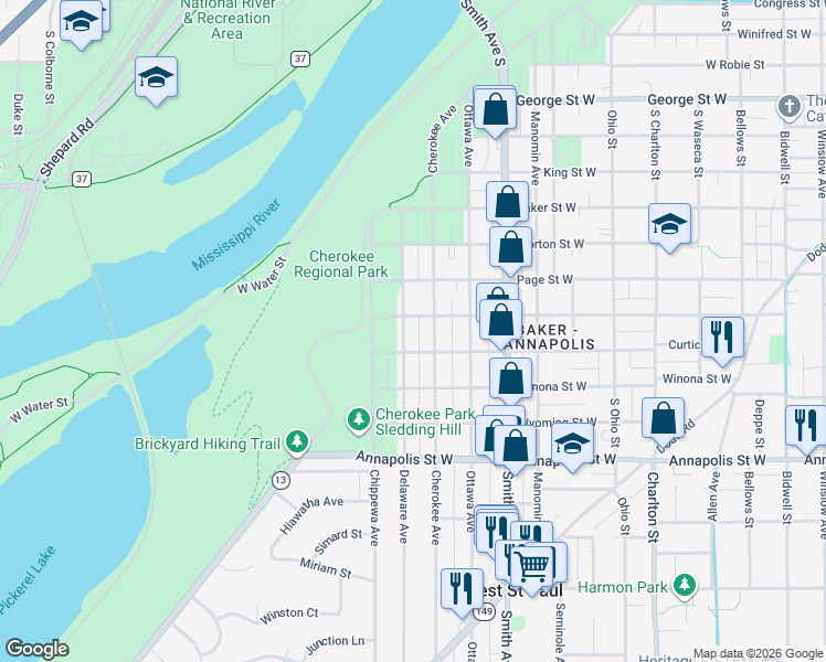 map of restaurants, bars, coffee shops, grocery stores, and more near 745 Cherokee Avenue in Saint Paul