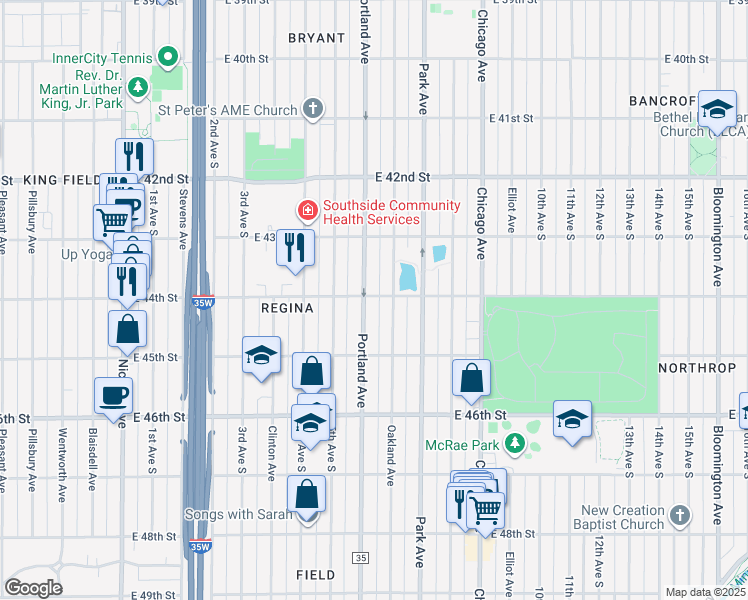 map of restaurants, bars, coffee shops, grocery stores, and more near 4357 Portland Avenue in Minneapolis