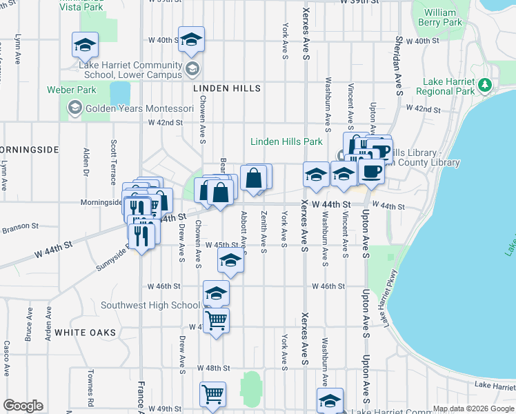 map of restaurants, bars, coffee shops, grocery stores, and more near 3322 West 44th Street in Minneapolis