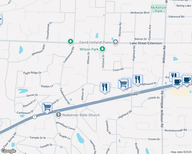 map of restaurants, bars, coffee shops, grocery stores, and more near 15622 Highwood Drive in Minnetonka