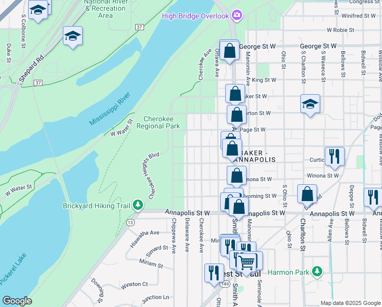 map of restaurants, bars, coffee shops, grocery stores, and more near 745 Cherokee Avenue in Saint Paul