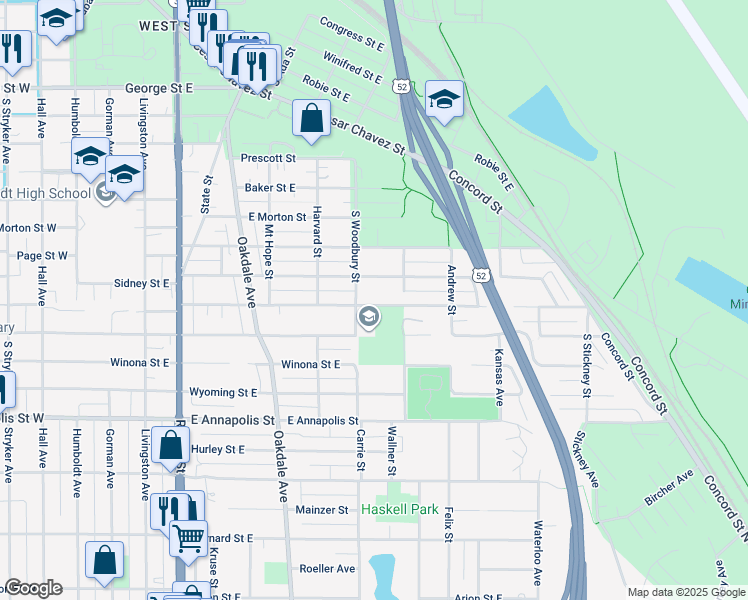 map of restaurants, bars, coffee shops, grocery stores, and more near 307 Curtice Street East in Saint Paul