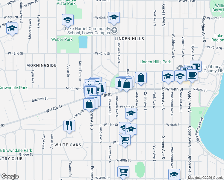 map of restaurants, bars, coffee shops, grocery stores, and more near 4351 Drew Avenue South in Minneapolis