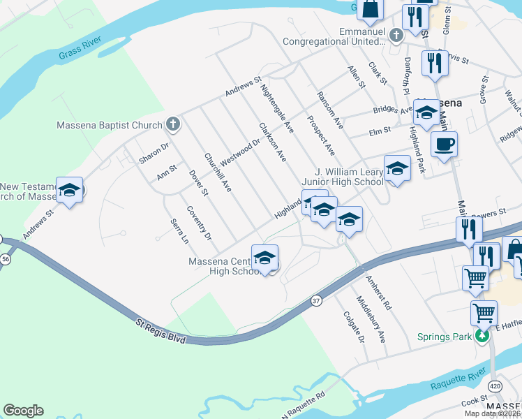 map of restaurants, bars, coffee shops, grocery stores, and more near 51 Windsor Rd in Massena