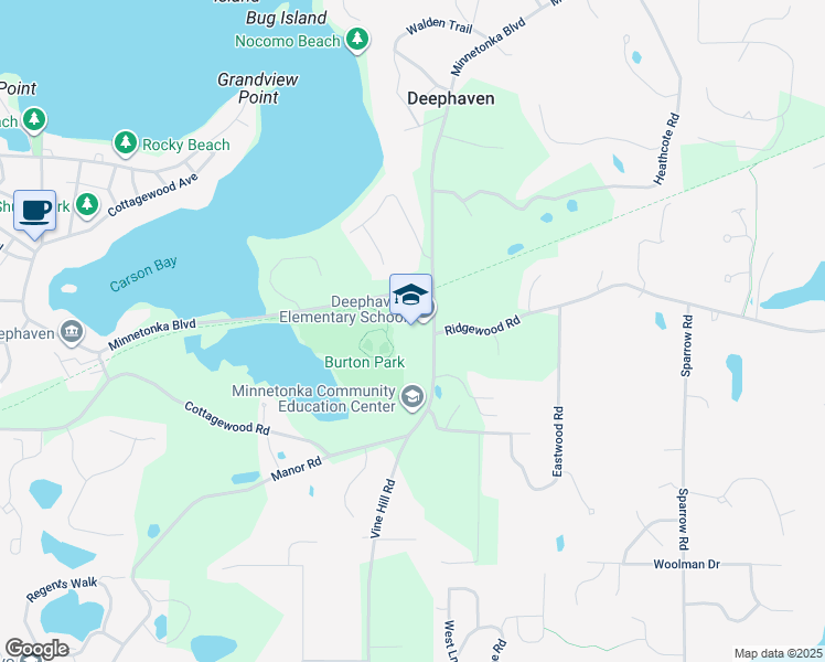 map of restaurants, bars, coffee shops, grocery stores, and more near 4452 Vine Hill Road in Excelsior