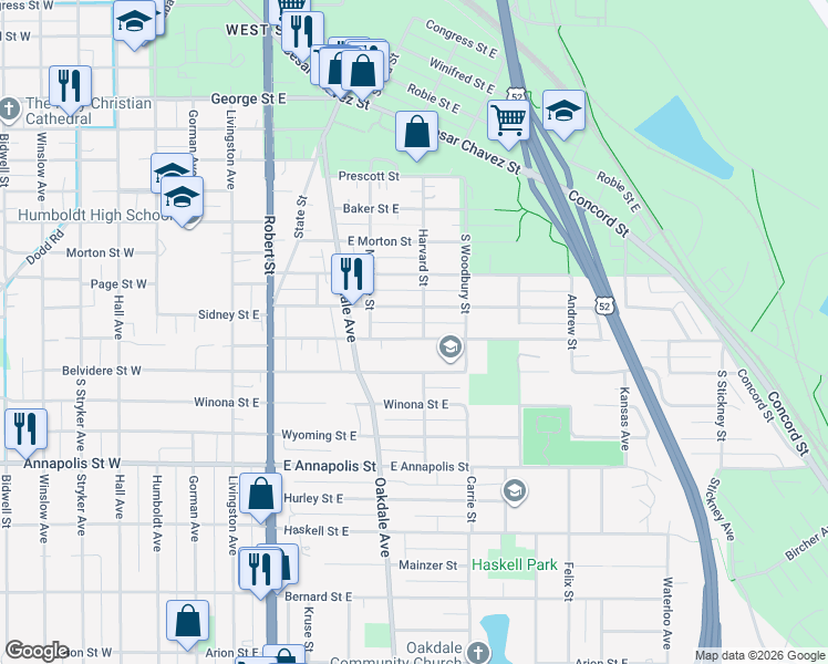 map of restaurants, bars, coffee shops, grocery stores, and more near 255 Curtice Street East in Saint Paul