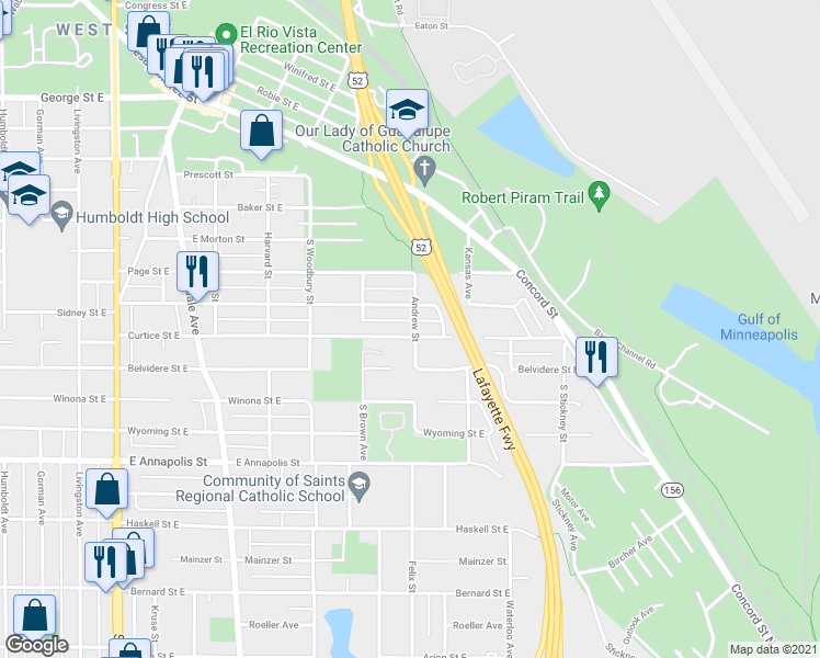 map of restaurants, bars, coffee shops, grocery stores, and more near 755 Andrew Street in Saint Paul